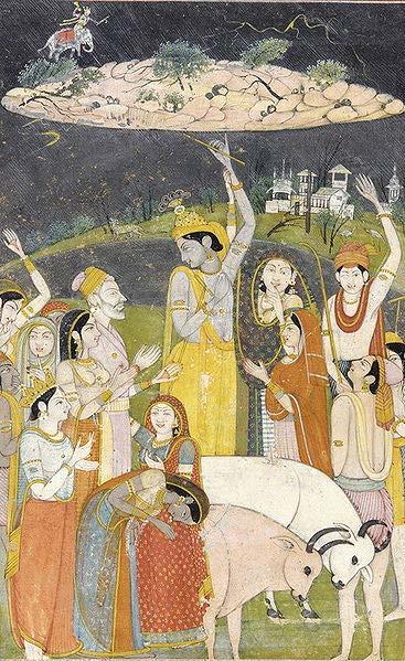 Childhood and youth Krishna holding Govardhan hill Nanda was the head of a community of cow-herders, and he settled in Vrindavana.