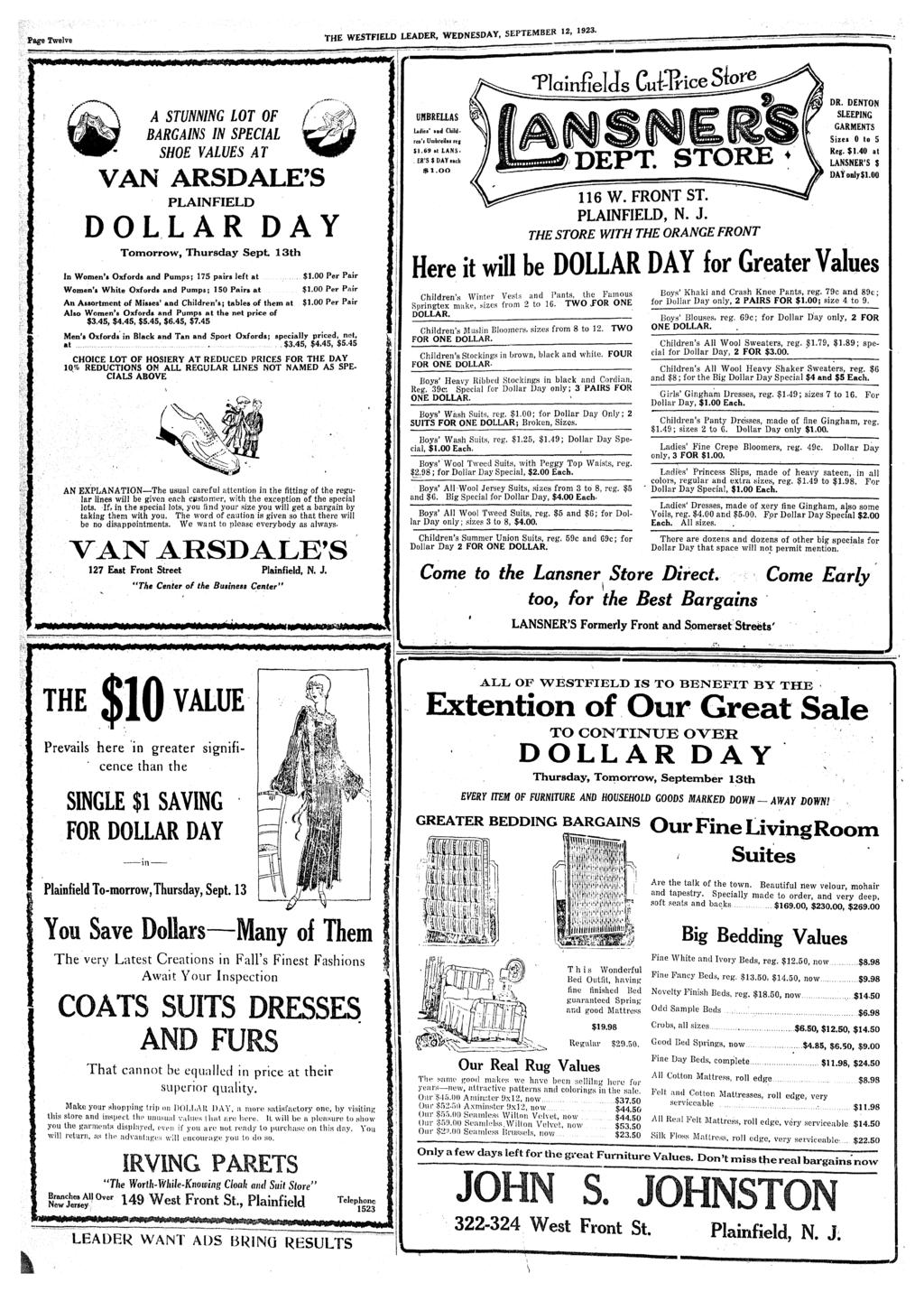 Page Twelve THE WESTFIELD LEADER, WEDNESDAY, SEPTEMBER \% A STUNNING LOT OF BARGAINS IN SPECIAL SHOE VALUES AT VAN ARSDALE'S PLAINFIELD DOLLAR DAY Tomorrow, Thursday Sept 13th In Women'* Oxds and