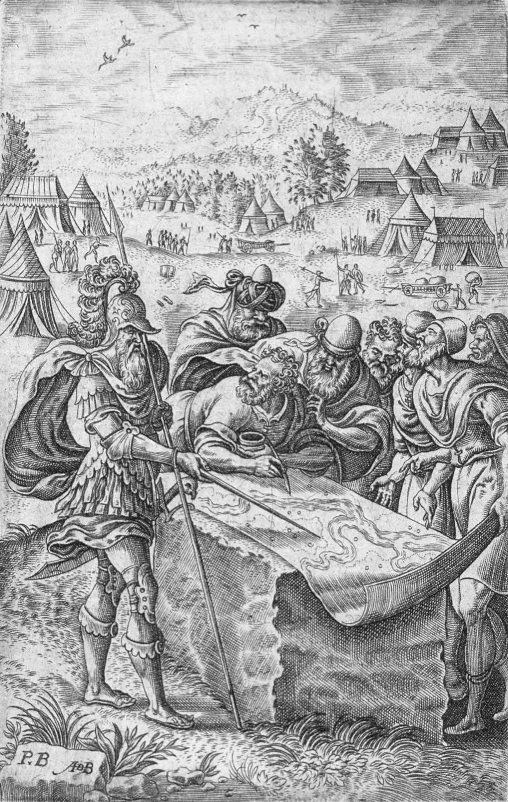 Fig. 9. Joshua and his generals poring over a map of the Promised Land. The image is taken from a collection of odes by Montano and matching engravings by various artists on biblical themes.