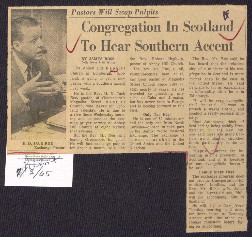 Pastors Will Swap Pulpits_ ~ Congregation In Scotland To Hear Southern Accent BY JAMES ROSS Daily News Stal!