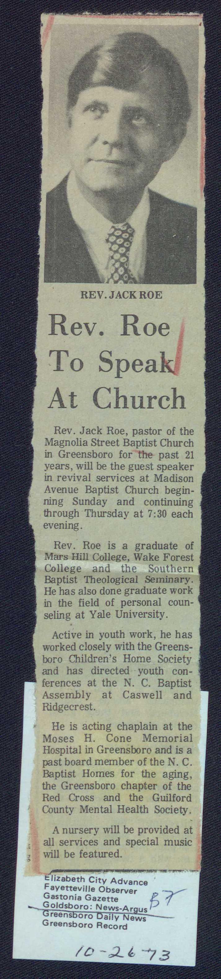 Rev. Roe To Speak At Church Rev.