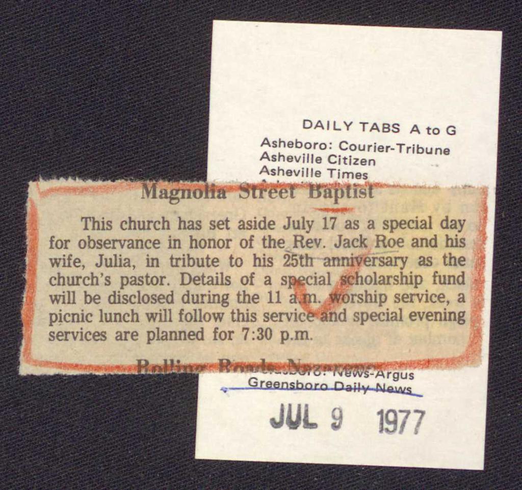 DAILY TABS AtoG Asheboro: Courier-Tribune Asheville Citizen Ashev!lle Tir;ies This church has set aside July 17 as a special day for observance in honor of the Rev.