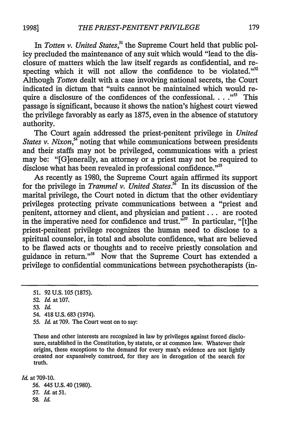 1998] THE PRIEST-PENITENT PRIVILEGE In Totten v.