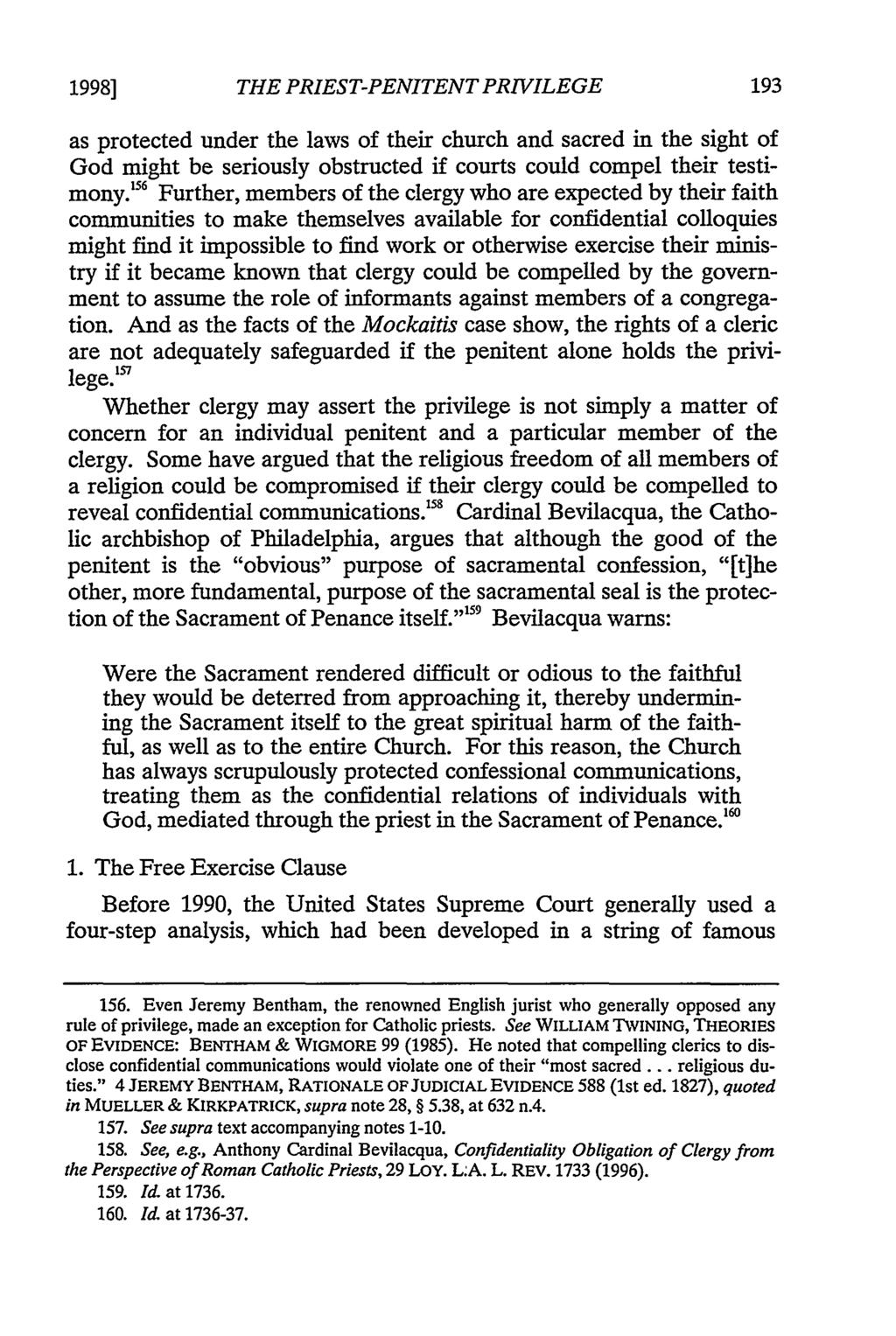 1998] THE PRIEST-PENITENT PRIVILEGE as protected under the laws of their church and sacred in the sight of God might be seriously obstructed if courts could compel their testimony.
