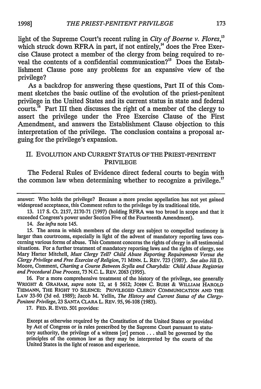 1998] THE PRIEST-PENITENT PRIVILEGE light of the Supreme Court's recent ruling in City of Boerne v.