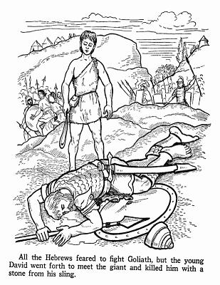 David then prayed to God and picked up a stone and with the sling, he threw the stone at Goliath. The stone hit Goliath right in the head and he fell down.