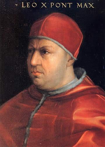 Leo X was Pope from 1513 to his death in 1521. He is known primarily for the sale of indulgences to reconstruct St. Peter's Basilica and his challenging of Martin Luther's 95 theses.