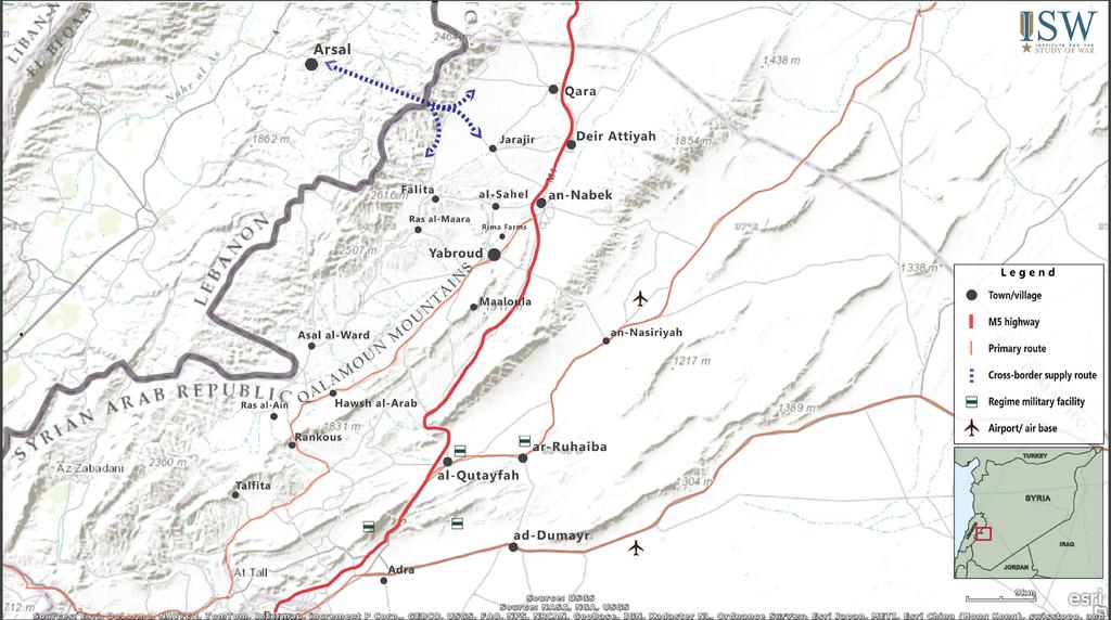 MAIN JN AND ISIS AREAS OF OPERATION Quraytayn ISIS Baalbek JN Brital al-zabadani Damascus in the eastern countryside of the town, indicating a relatively high and increasing level of control