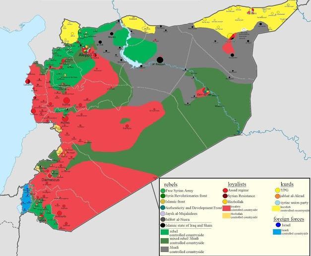 Outlines of an internal border starting to appear Assad and loyalist forces: Red Hezbollah: Dark Yellow Jabhat al