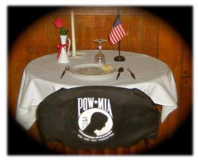 TABLE SET UP FOR POW/MIA CEREMONY 1. A small, round bistro table 2. White tablecloth 3. Single place setting, preferably all white 4. Wine glass inverted 5. Salt shaker 6.
