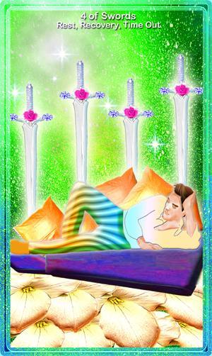 This is peaceful time and the perfect opportunity to let go and refresh your thinking. The 4 of swords could foretell hospital visits although not necessarily due to any personal illness.