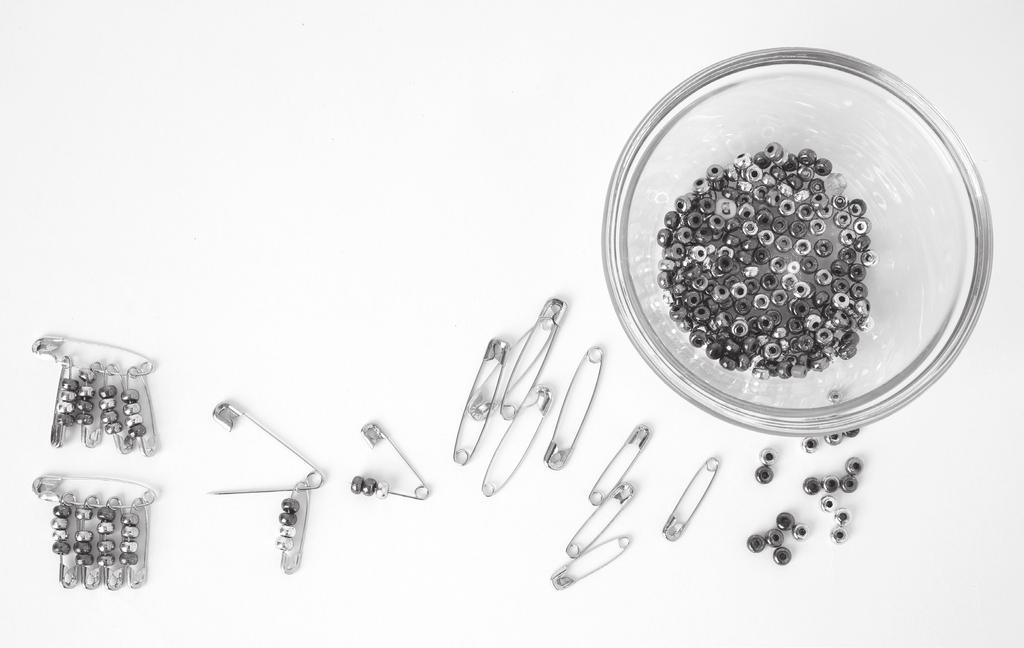 Friendship Pins Supplies: You will need 8 smaller safety pins and 2 larger safety pins per child, and a bowl of small seed beads. Open up each of the four smaller safety pins.