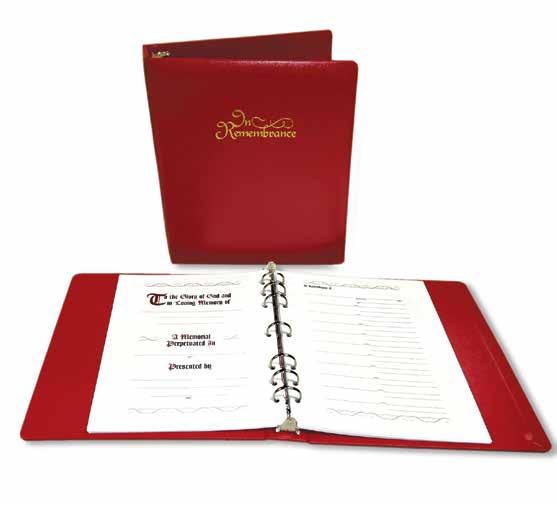Larger than a student notebook, the red padded faux leather binder with silk-look lining holds 100 sheets with spaces for date, name, address, telephone, and e-mail address.