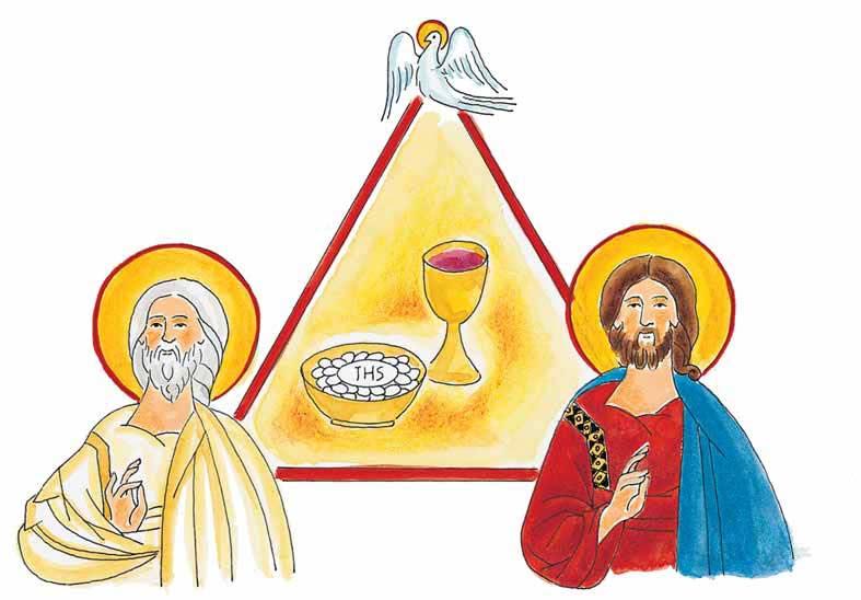 42 How is the Most Holy Trinity active during the celebration of the Holy Mass? The Father gives us his only Son. For this reason we give praise and thanks to God the Father.