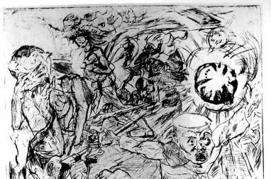 The Grenade, Drypoint, 1914. Beckmann is 30. October 11th, 1914 Outside the wonderfully grand sound of battle.