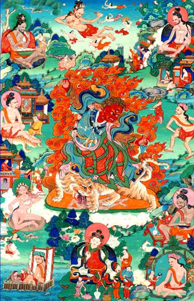 Recite the Vajra Guru Mantra with devotion while the rainbow rays continue to stream out from his heart center in all directions.
