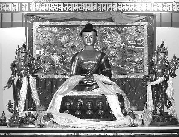Amitabha Buddha, flanked by two great bodhisattvas in the Dharmakaya shrineroom In the spring of 2006, the enlightenment stupa finally arrived at Padma Samye Ling.