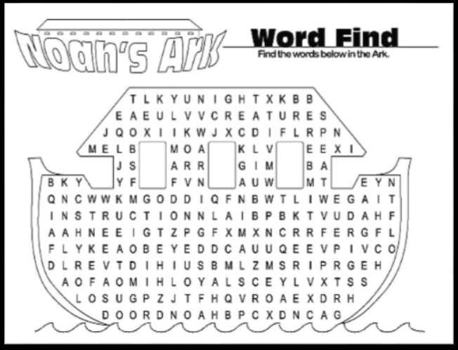 COMMON Word Search GOD FLOOD FAMILY OBEYED NOAH ANIMALS DOOR