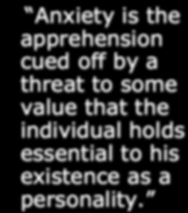 May s definition of anxiety Anxiety is the apprehension cued off by a threat to some value that the