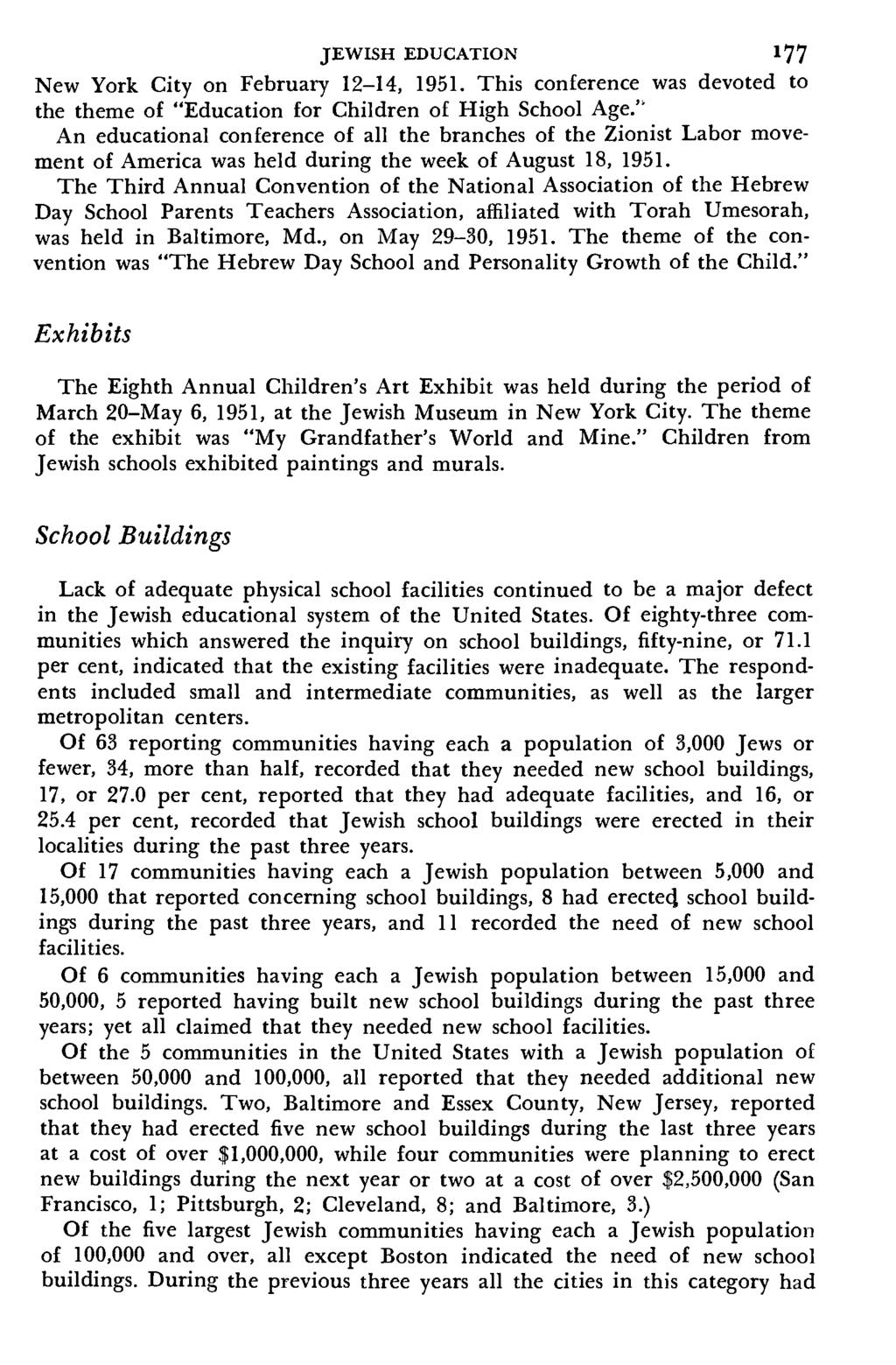 JEWISH EDUCATION 177 New York City on February 12-14, 1951. This conference was devoted to the theme of "Education for Children of High School Age.