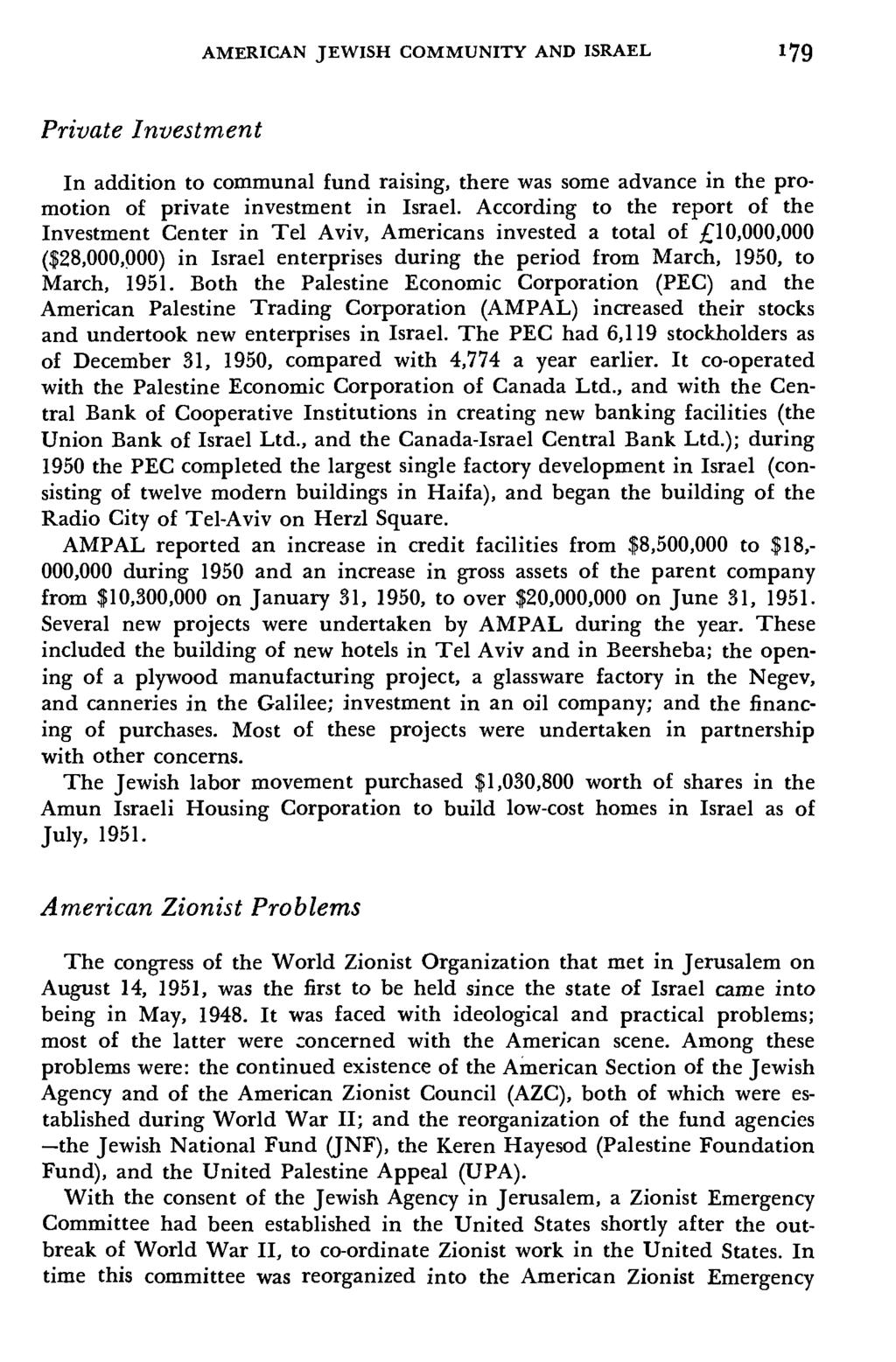 AMERICAN JEWISH COMMUNITY AND ISRAEL 179 Private Investment In addition to communal fund raising, there was some advance in the promotion of private investment in Israel.