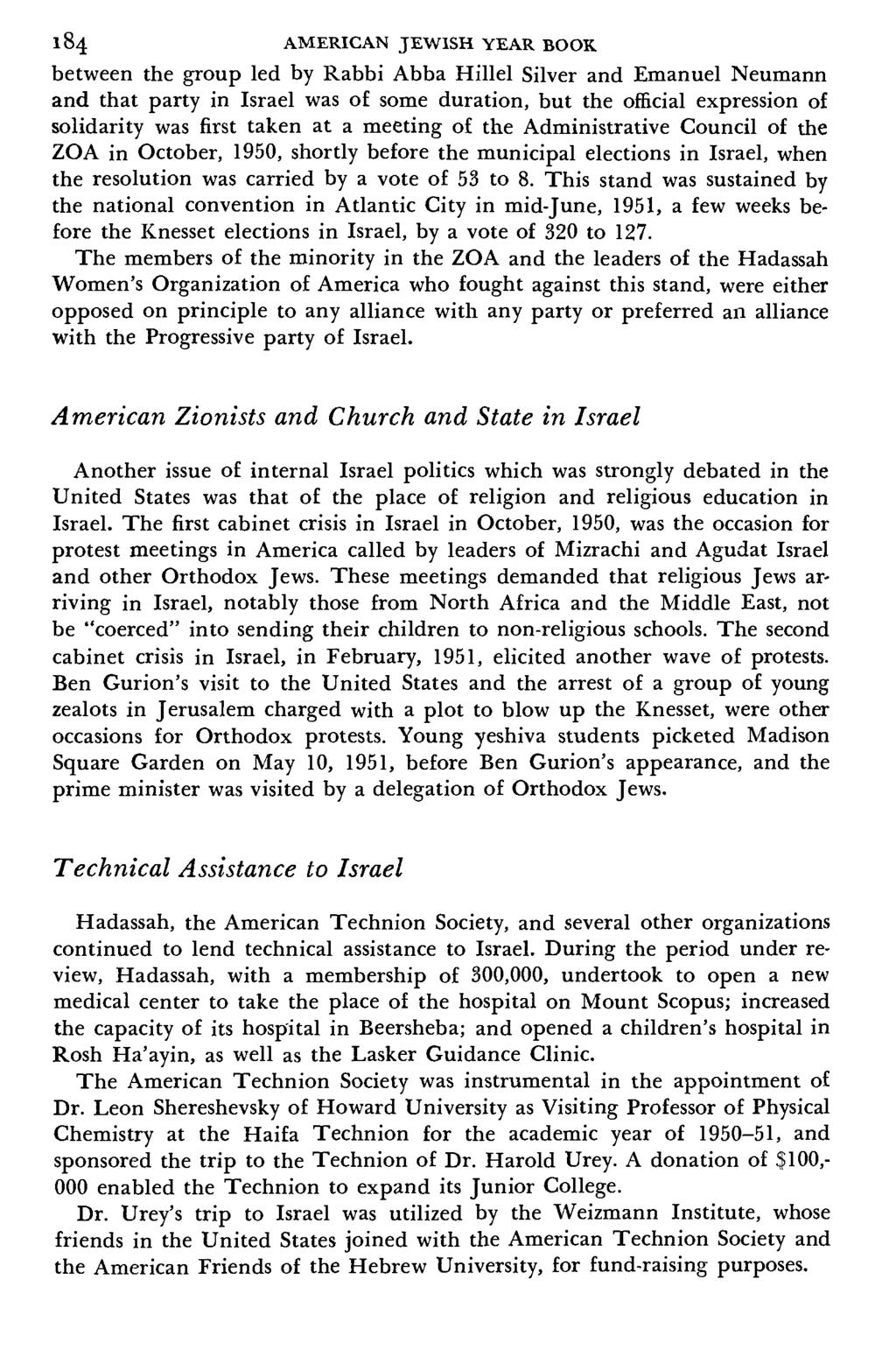 184 AMERICAN JEWISH YEAR BOOK between the group led by Rabbi Abba Hillel Silver and Emanuel Neumann and that party in Israel was of some duration, but the official expression of solidarity was first