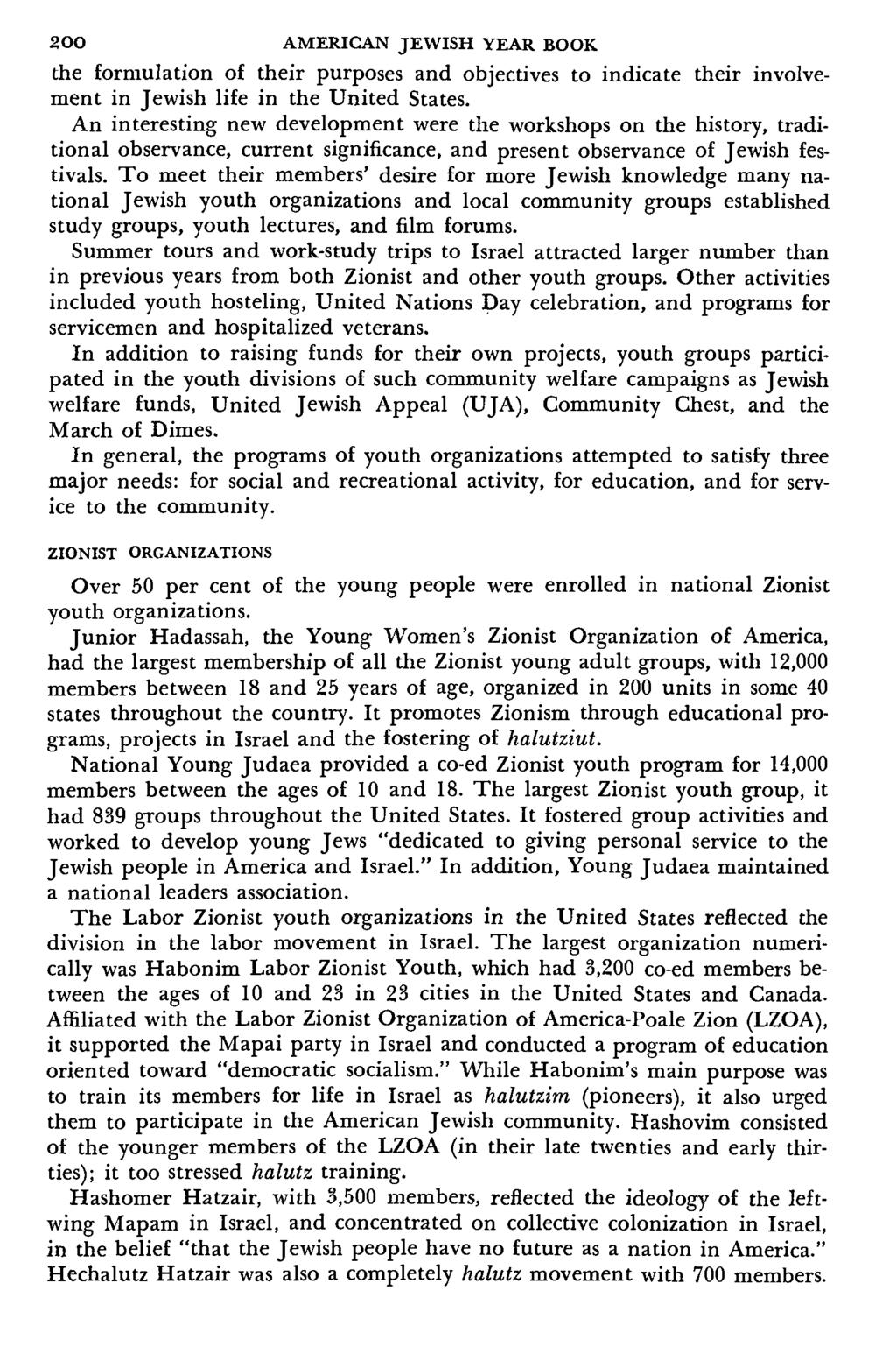 2OO AMERICAN JEWISH YEAR BOOK the formulation of their purposes and objectives to indicate their involvement in Jewish life in the United States.