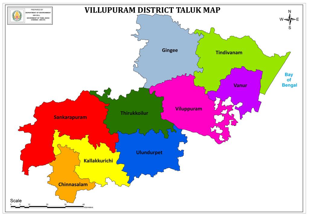 VILLUPURAM DISTRICT 1. Introduction i) Geographical location of the district Villuppuram District lies between 11 38' 25" N and 12 20' 44" S: 78 15' 00" W and 79 42' 55" E with an area of 7194 sq.