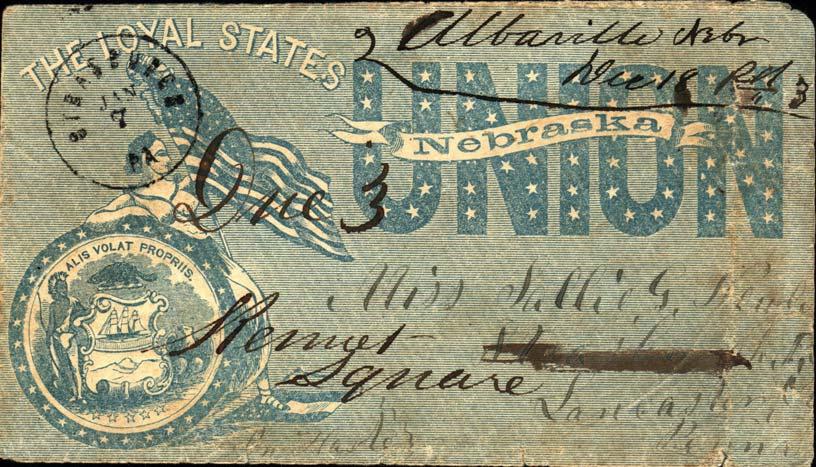 (Walcott L1796) Dakota Neb Dec 23 (1862) handstamp postmark in blue on 3 1861