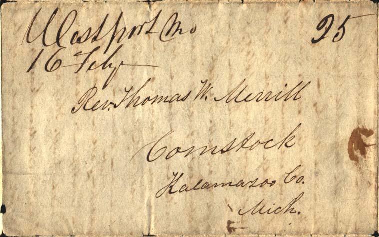 Indian Agencies Otoe Mission Westport Mo 16 Feby (1838) manuscript postmark with 25 rate on stampless folded letter datelined Otoe Mission Dec 21, 1837, written by missionary Moses P.