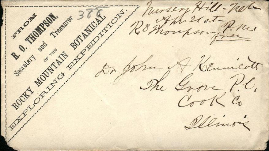 Town Postmarks Nursery Hill Nursery Hill Neb Apr 21 (1863) manuscript postmark with R.O. Thompson P.M. Free free frank.