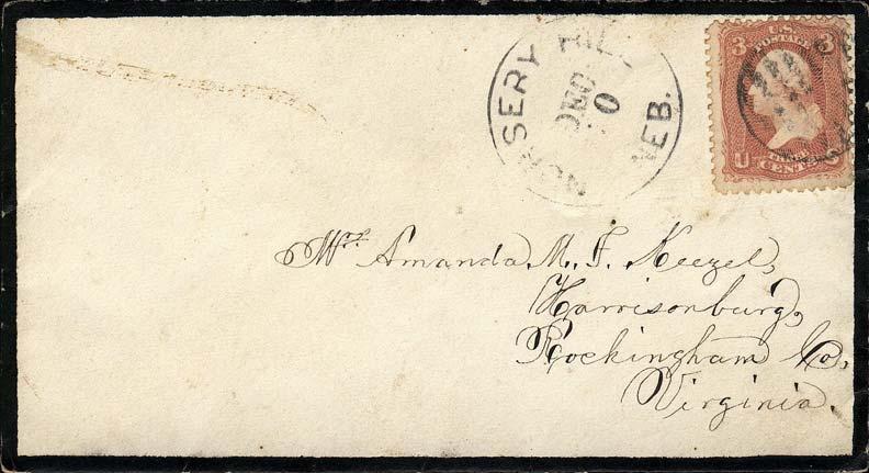 Nursery Hill Neb Dec 30 (1865) handstamp postmark on mourning cover with 3 1861 issue adhesive.
