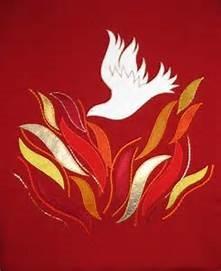 Red recalls the tongues of flame in which the Holy Spirit descended on the first Pentecost.