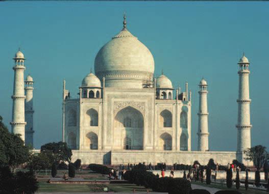 PICTURING HISTORY The beauty of the Taj Mahal has awed visitors for centuries. A pear-shaped dome crowns the square central building, complete with a reflecting pool.