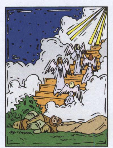 JACOB'S DREAM AT BETHEL (house of God) Read Genesis 28: 10-22 Alone at night for the first time with his head resting on a stone for a pillow, Jacob dreamed of a heavenly ladder with angels ascending