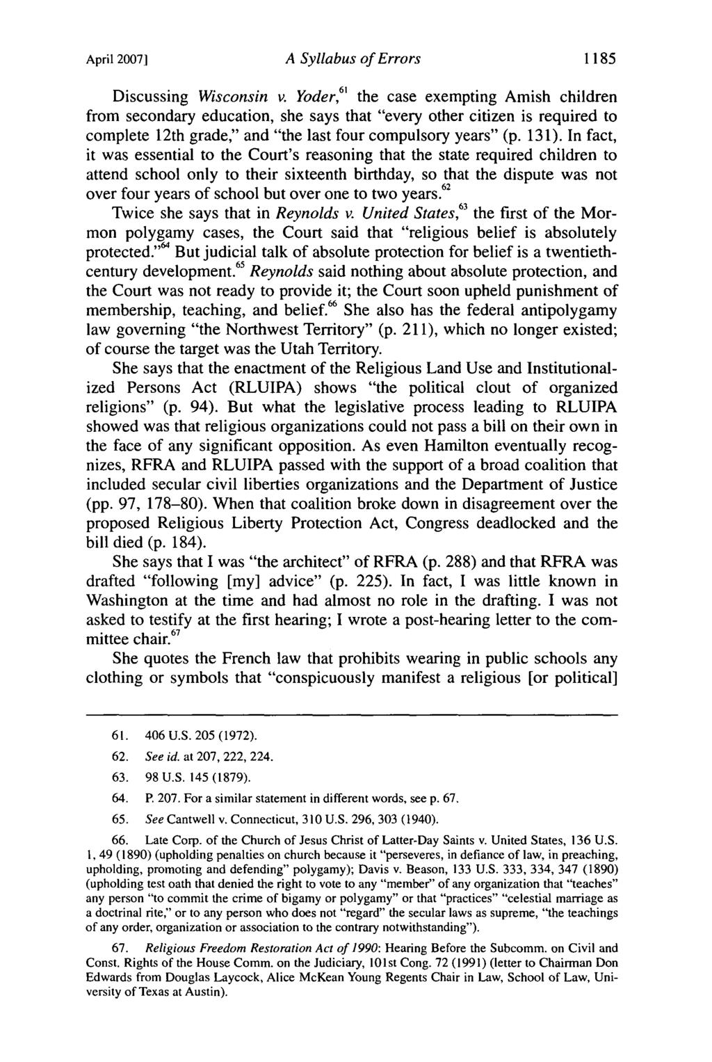 April 2007] A Syllabus of Errors 1185 Discussing Wisconsin v.