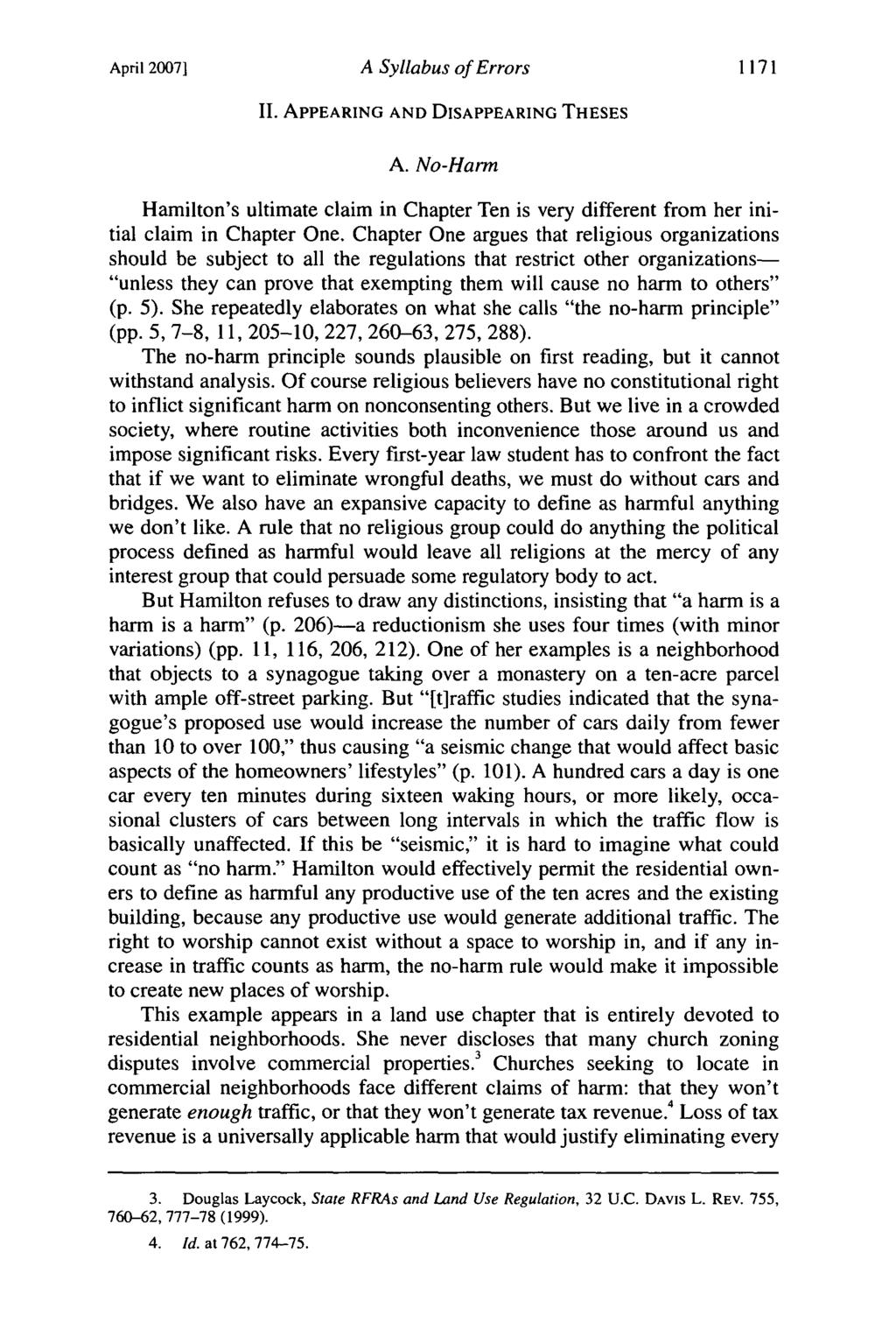 April 20071 A Syllabus of Errors 1171 II. APPEARING AND DISAPPEARING THESES A. No-Harm Hamilton's ultimate claim in Chapter Ten is very different from her initial claim in Chapter One.