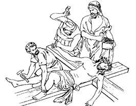 XI STATION: JESUS IS NAILED TO THE CROSS The soldiers drove nails through Jesus hands and feet. They lifted up the cross and put it in place. Jesus was in a lot of pain.