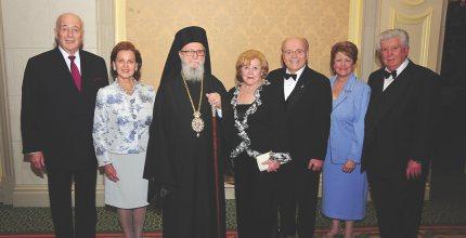 Michael and Mary Jaharis with Archbishop Demetrios, Madeline and Arthur Anton and Diana and Peter Dion.