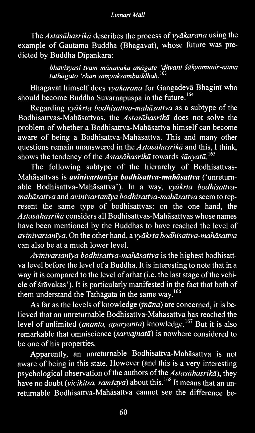 164 Regarding vyäkrta bodhisattva-mahäsattva as a subtype of the Bodhisattvas-Mahäsattvas, the Astasähasrikä does not solve the problem of whether a Bodhisattva-Mahäsattva himself can become aware of