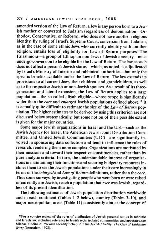 578 / AMERICAN JEWISH YEAR BOOK, 2007 amended version of the Law of Return, a Jew is any person born to a Jewish mother or converted to Judaism (regardless of denomination Orthodox, Conservative, or