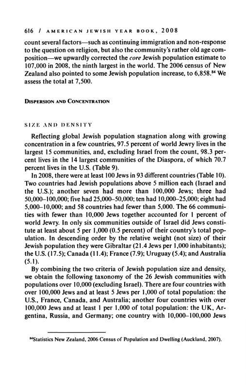 616 / AMERICAN JEWISH YEAR BOOK, 2007 count several factors such as continuing immigration and non-response to the question on religion, but also the community's rather old age composition we
