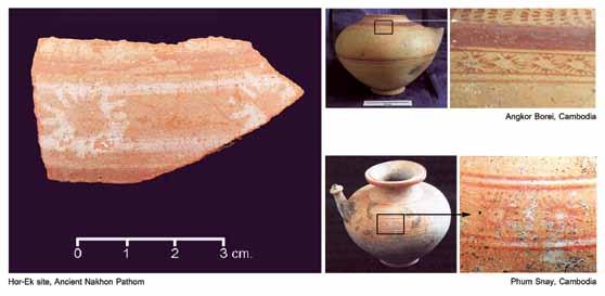 Excavation of a Pre-Dvāravatī Site at Hor-Ek 163 Figure 13. Painted potsherd with sun pattern from TP-1 and kendi from Cambodia 1.