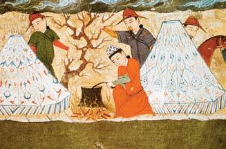 Mongols in Russia This Persian painting from 1350 shows Mongol warriors at their portable dwellings, called yurts. to Roman Catholicism. The knights invaded from the Baltic Sea.