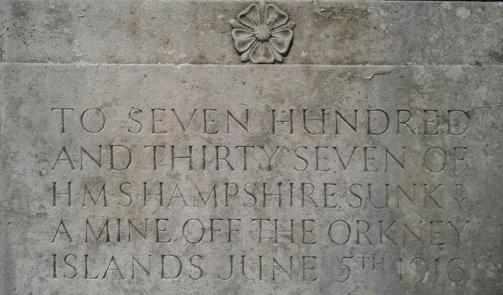 RINGERS TRIBUTE TO HMS HAMPSHIRE Some of us will know already of the inscription on the corner of the county war memorial outside the west front of the Cathedral, recording the loss of 737 lives when