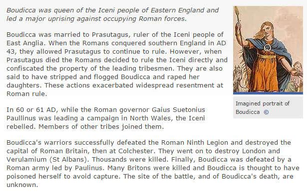 Historical Hero Boudicca Read again source A: Boudicca Choose four statements below which are TRUE. Shade the boxes of the ones that you think are true. Choose a maximum of four statements. a. Boudicca was king of the Iceni people b.
