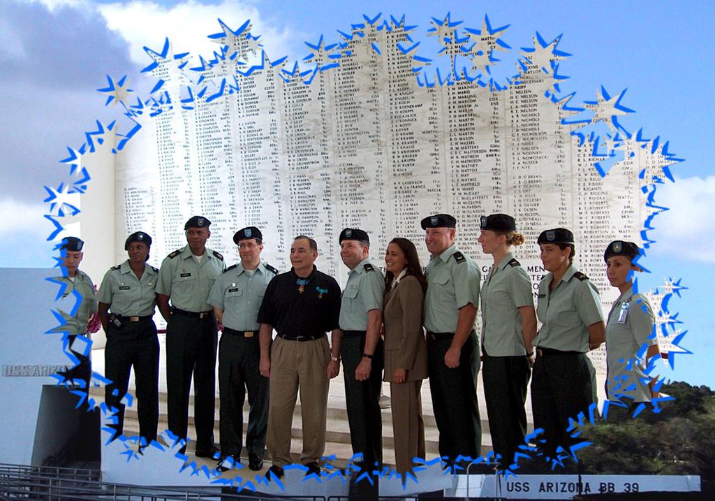 Alfred Rascon who earned the Medal of Honor as a medic in Vietnam visited with soldiers during a March 2004 visit to the USS Arizona Memorial in Honolulu, Hawaii.