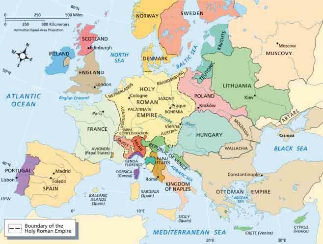 Map of Europe, c. 1500 Interpreting Maps In 1500 the Holy Roman Empire reached from the North and Baltic Seas to the Mediterranean Sea. Skills Assessment: 1.