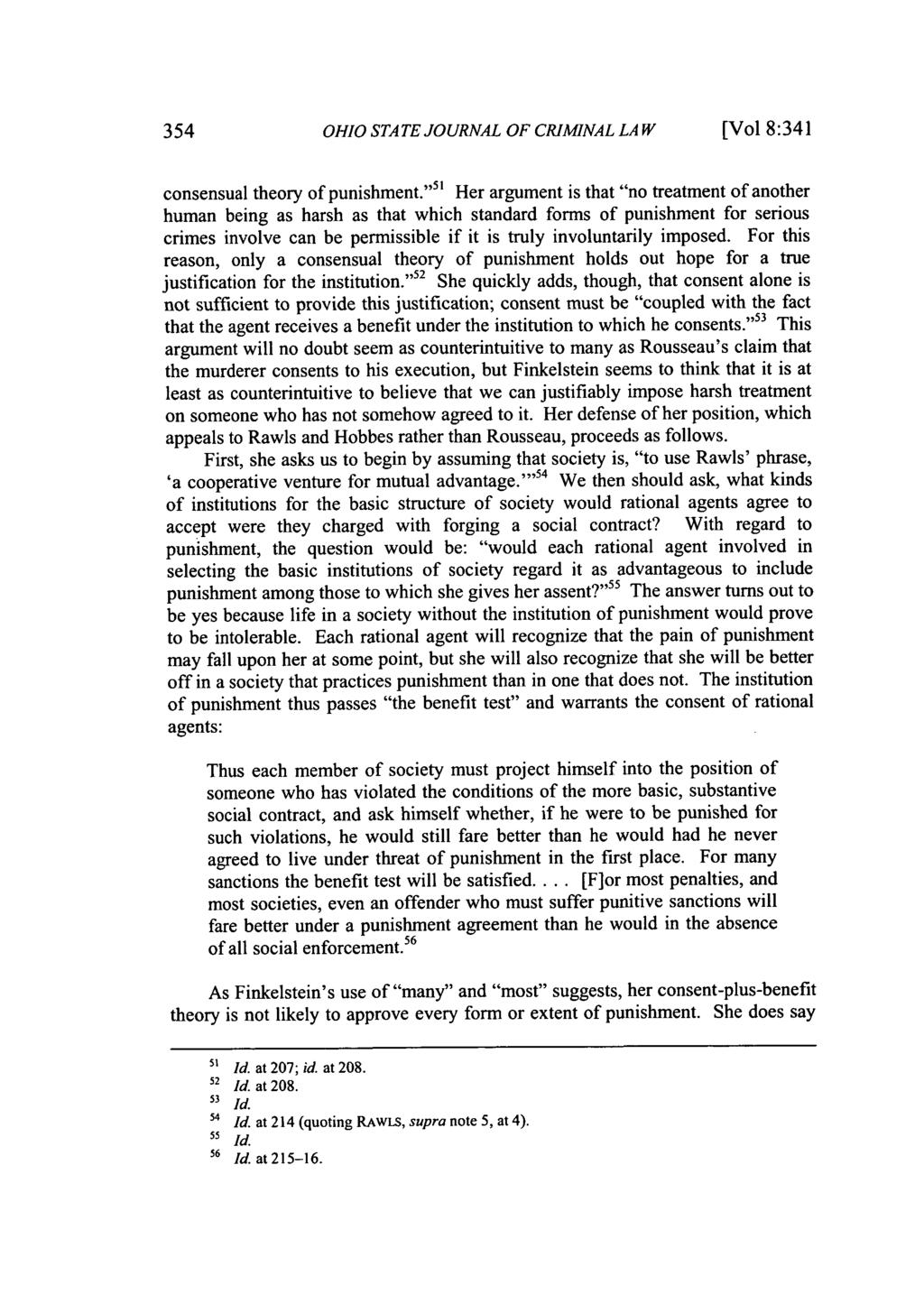354 OHIO STATE JOURNAL OF CRIAHNAL LAW [Vol 8:341 consensual theory of punishment.