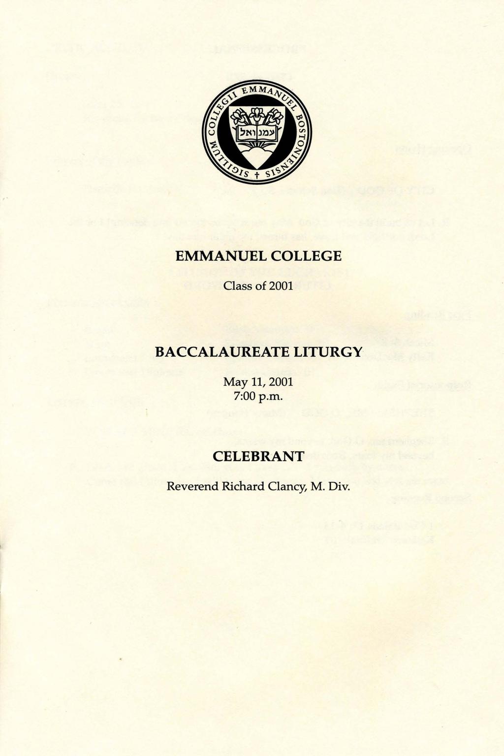 EMMANUEL COLLEGE Class of 2001 BACCALAUREATE LITURGY May